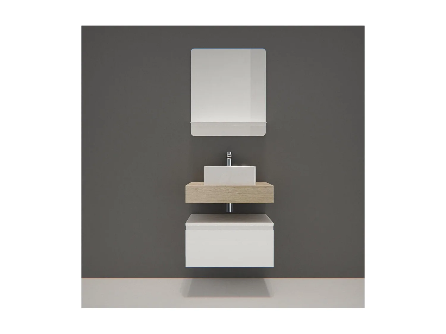 Meuble de Salle de Bain WILL - Plan suspendu 60 cm + Vasque + Miroir + Meuble tiroir + Equerres