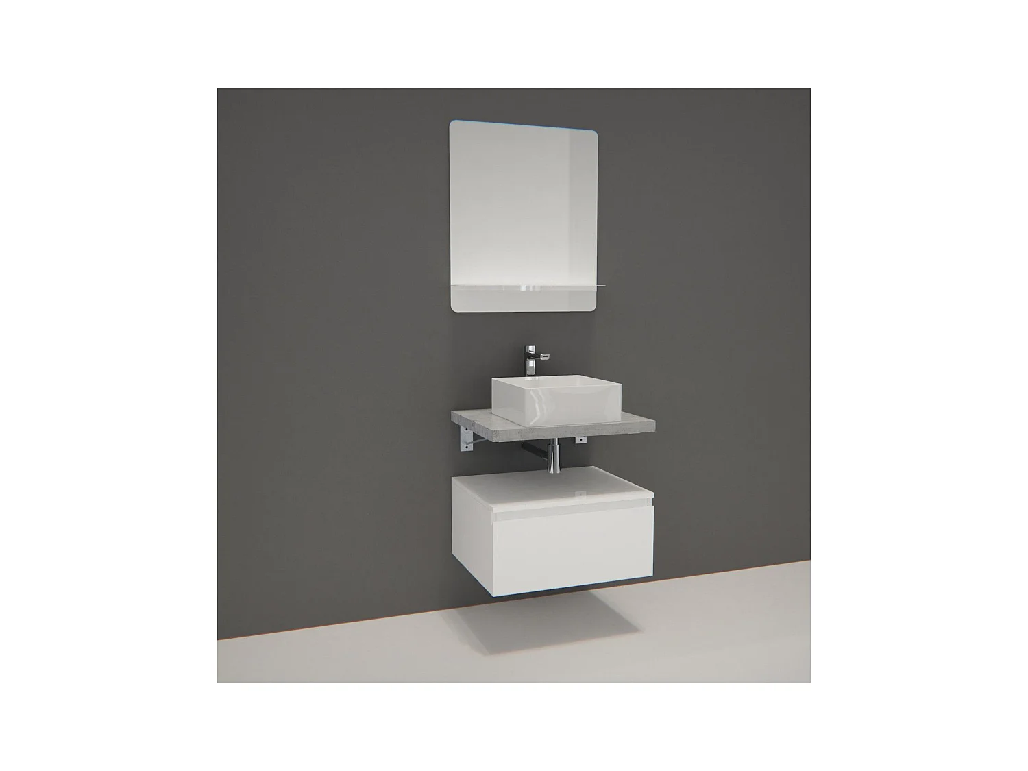Meuble de Salle de Bain WILL - Plan suspendu 60 cm + Meuble tiroir + Vasque + Miroir + Equerres