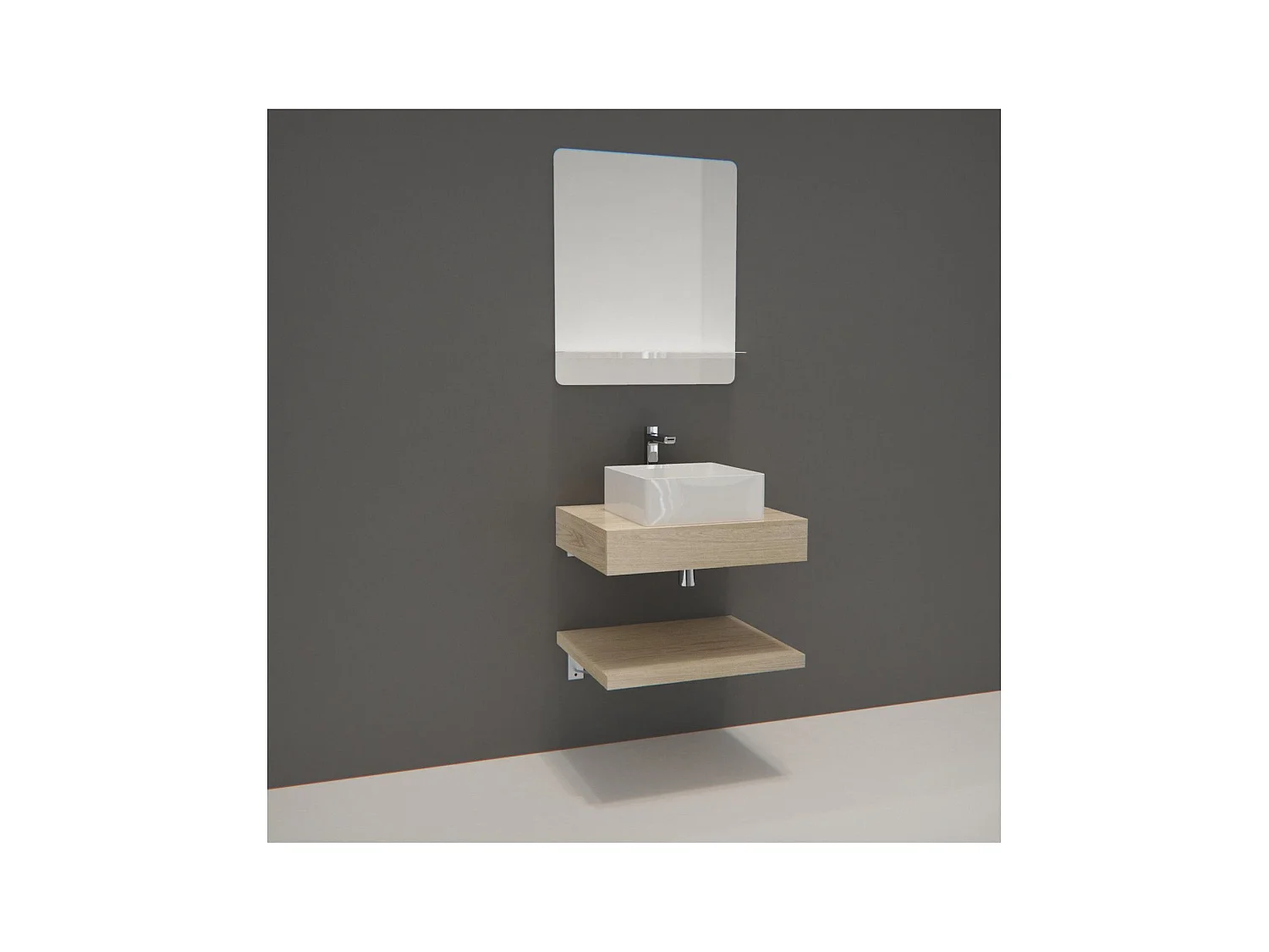 Meuble de Salle de Bain WILL - Plan épais 60 cm + Plan fin + Equerres + Vasque + Miroir
