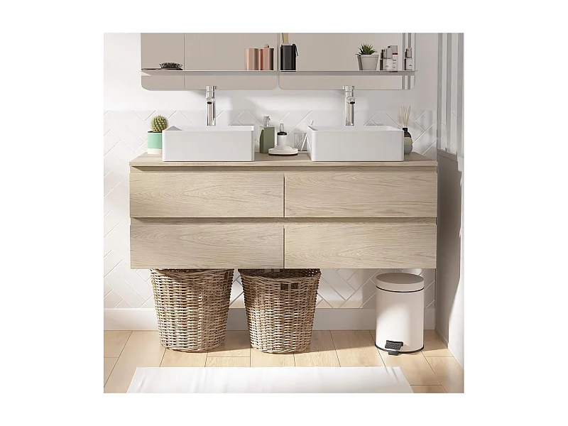 Ensemble double vasque suspendu 120cm avec plan bois et vasques à poser