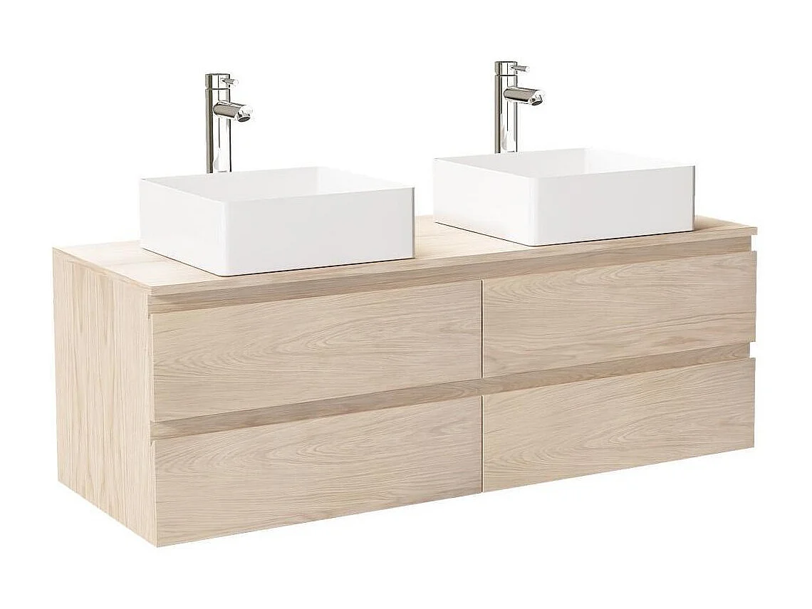 Ensemble double vasque suspendu 120cm avec plan bois et vasques à poser