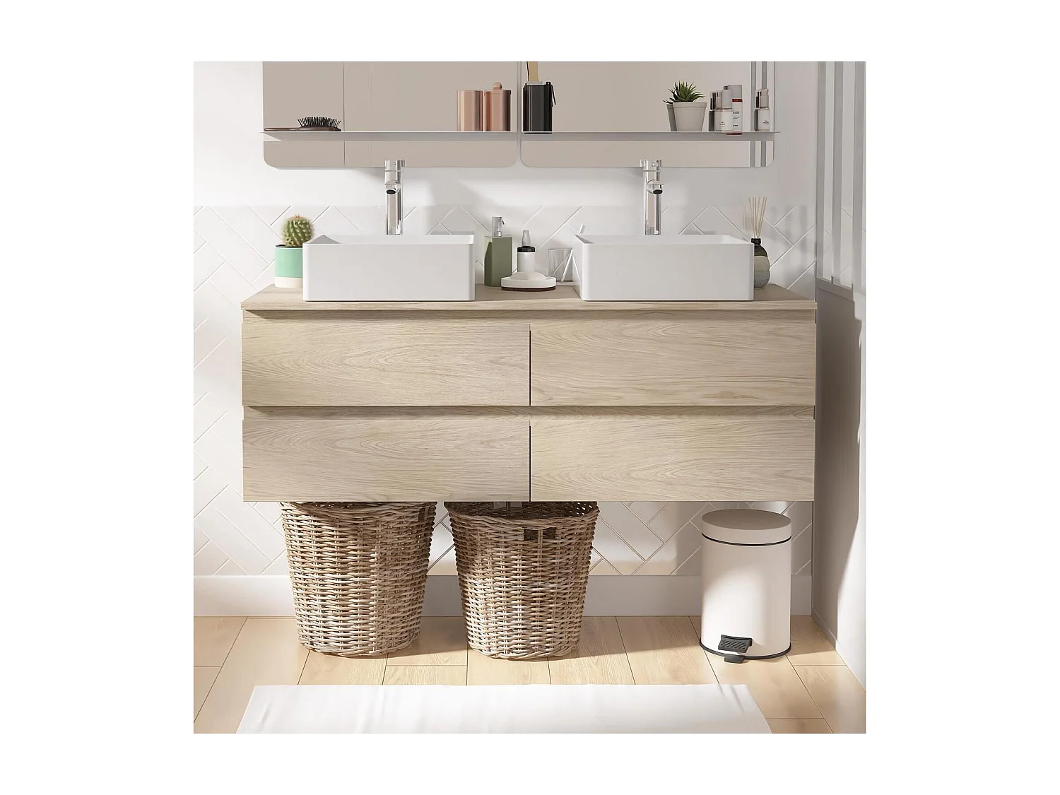 Ensemble double vasque suspendu 120cm avec plan bois et vasques à poser