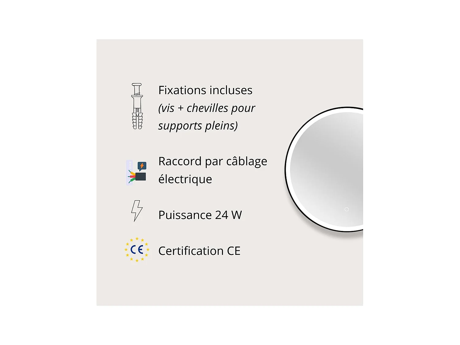 Runder LED-Spiegel D60cm mit schwarzem Aluminiumrahmen CLARO