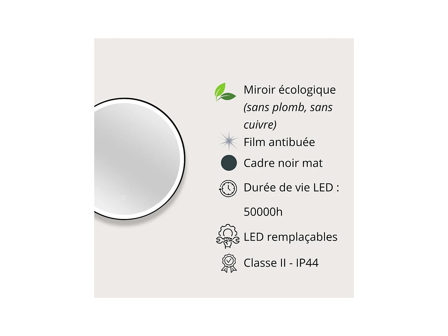 Runder LED-Spiegel D60cm mit schwarzem Aluminiumrahmen CLARO