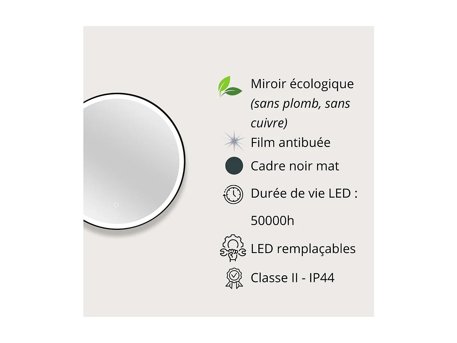 Ronde LED-spiegel D60cm met zwart aluminium frame CLARO