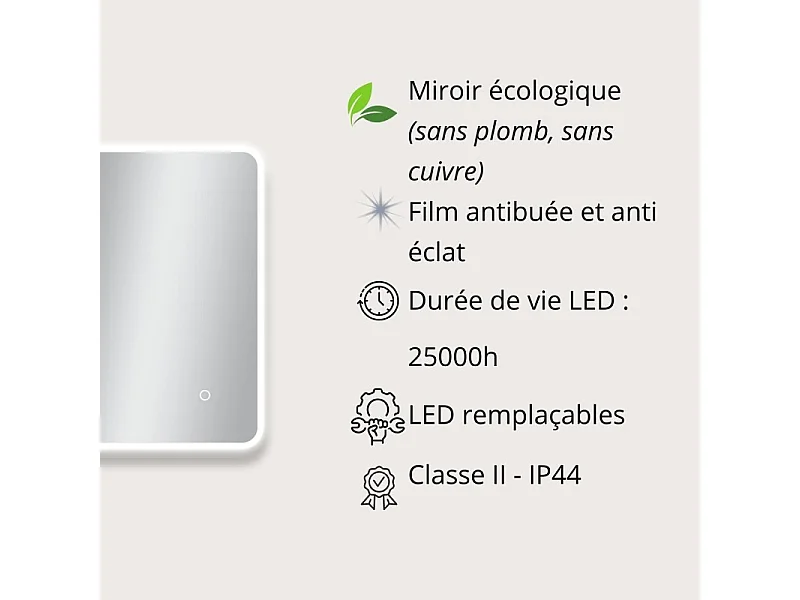 Espelho LED retangular L60/80/90/120cm com retroiluminação MIRALUX