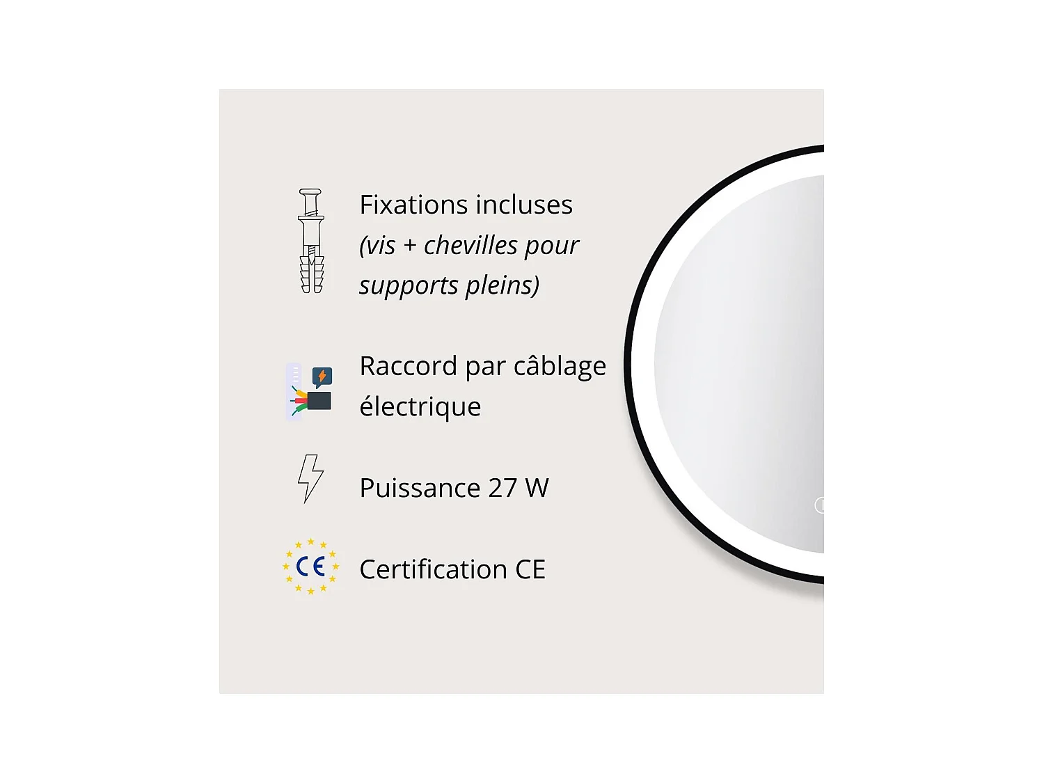 Runder LED-Spiegel D60/120cm mit schwarzem Aluminiumrahmen AUREYA