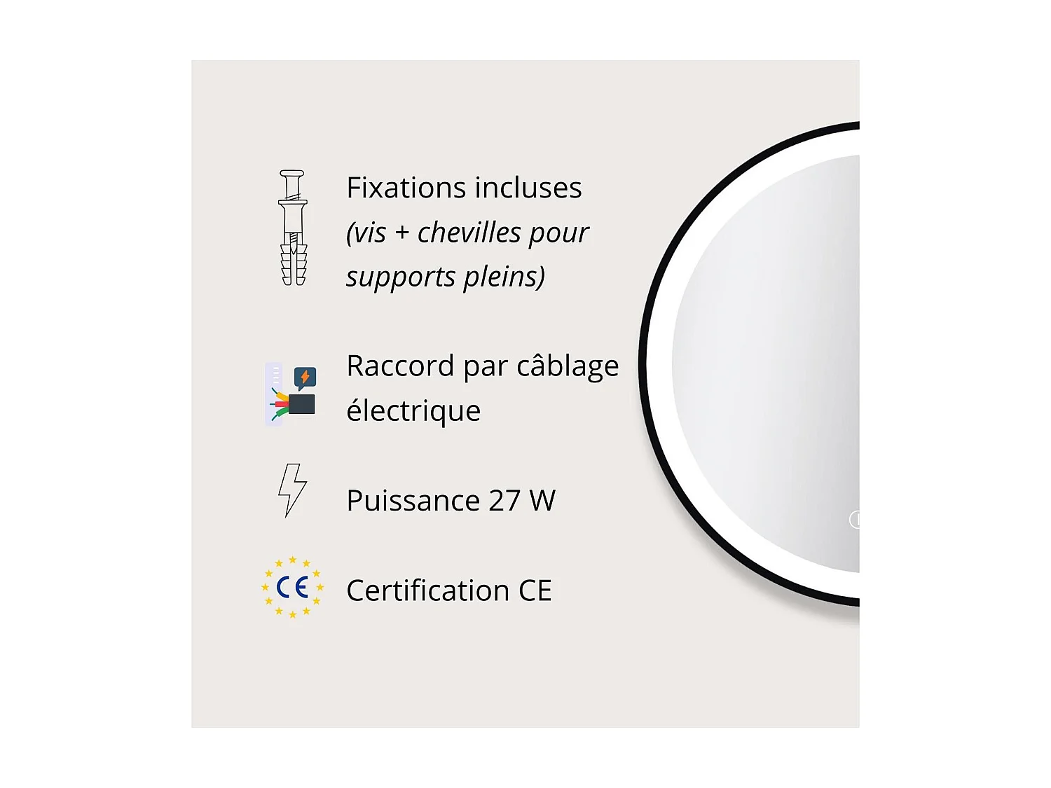 Ronde LED-spiegel D60/120cm met zwart aluminium frame AUREYA