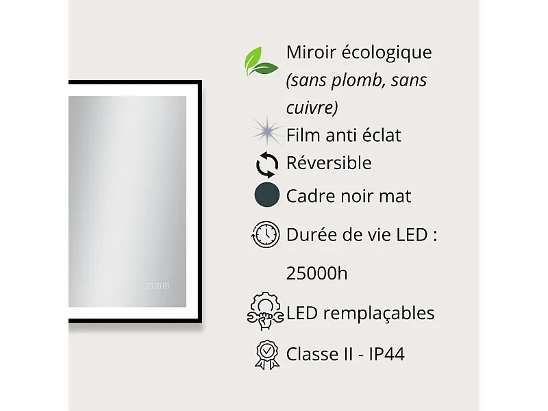 Rechthoekige LED-spiegel L60/80/120cm met zwart aluminium frame VELUNA