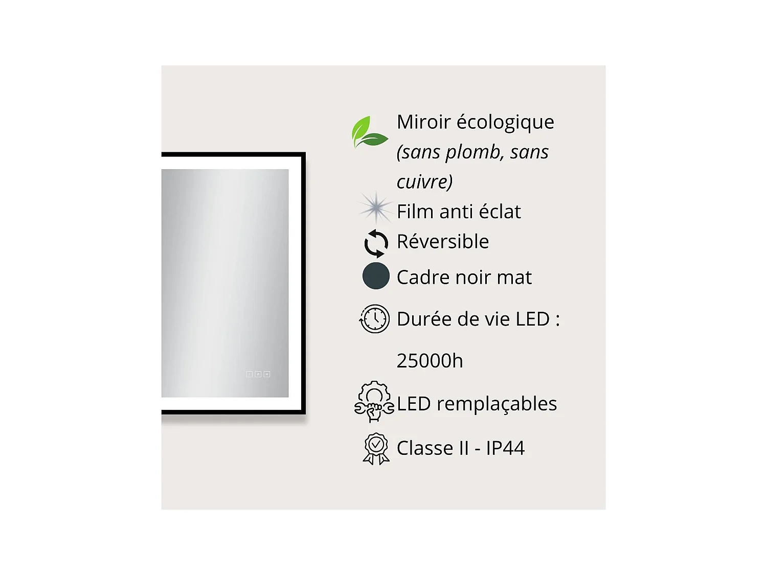 Rechteckiger LED-Spiegel L60/80/120cm mit schwarzem Aluminiumrahmen VELUNA