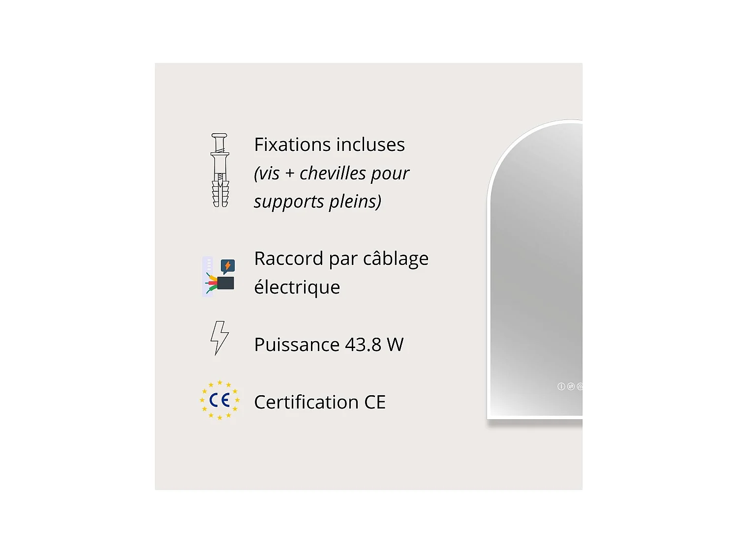 Miroir LED arche 90x50cm avec cadre rétro-éclairé