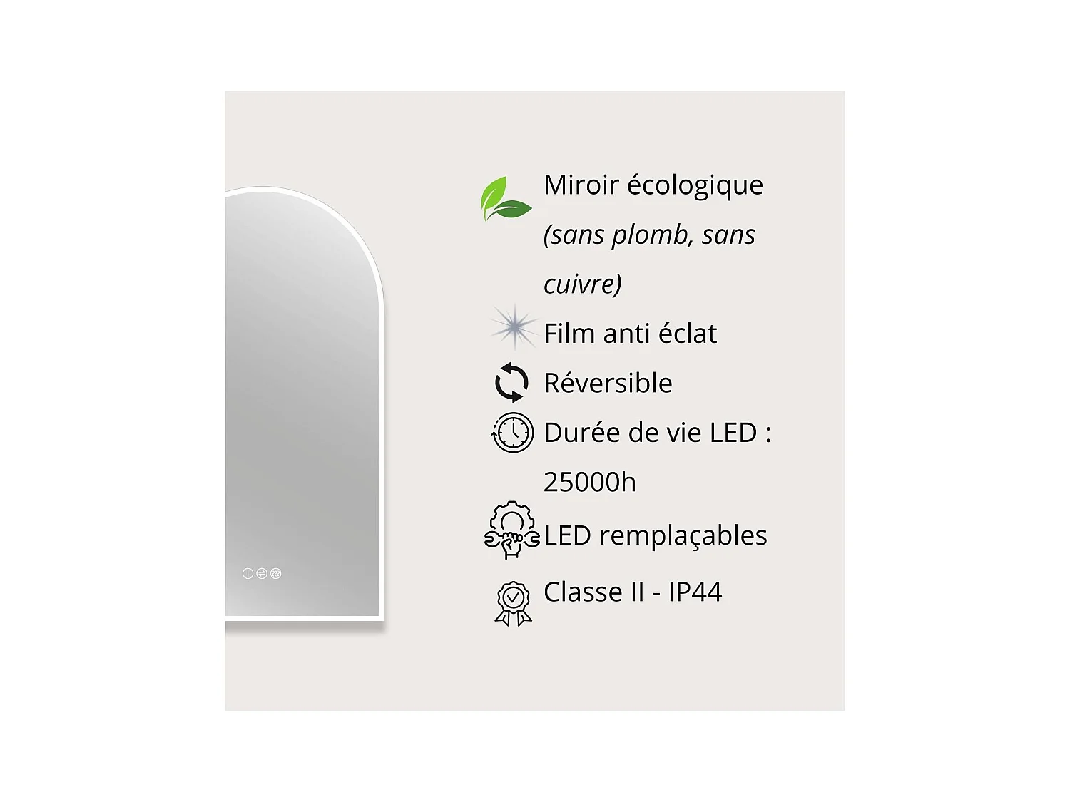 Miroir LED arche 90x50cm avec cadre rétro-éclairé