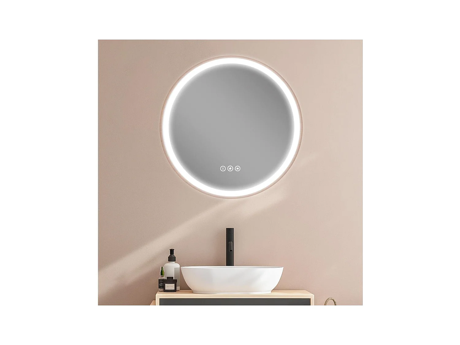 Runder LED-Spiegel D60cm mit Holzrahmen GLIMMA