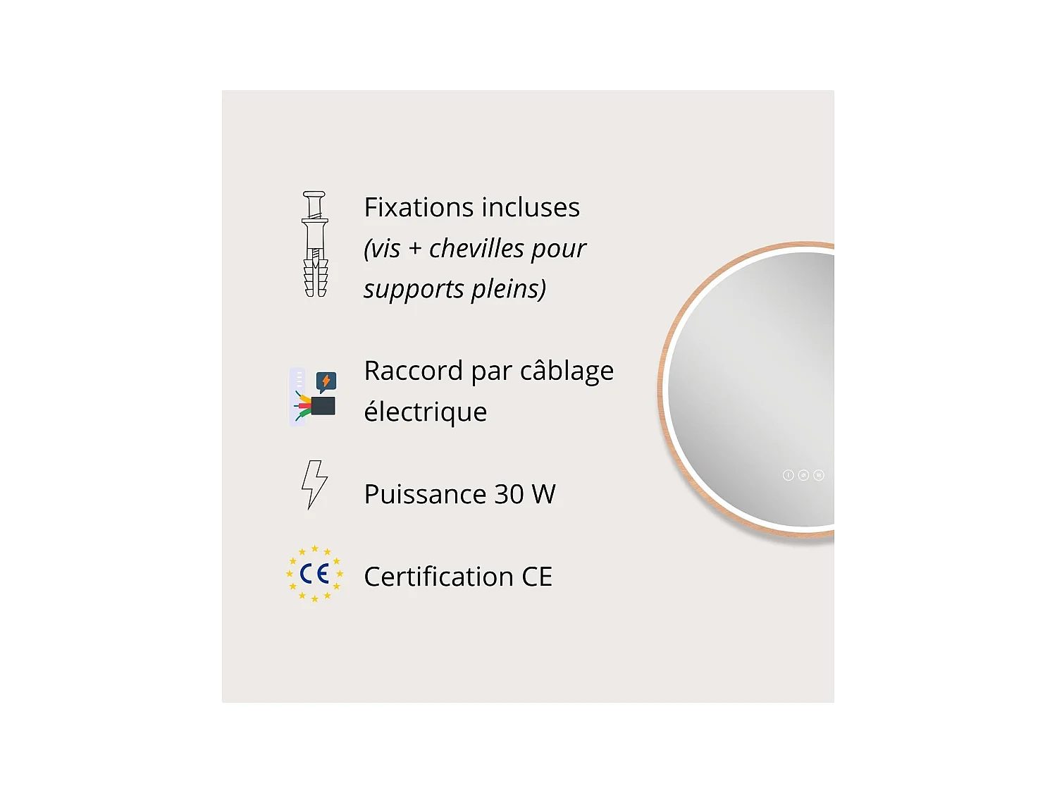 Runder LED-Spiegel D60cm mit Holzrahmen GLIMMA