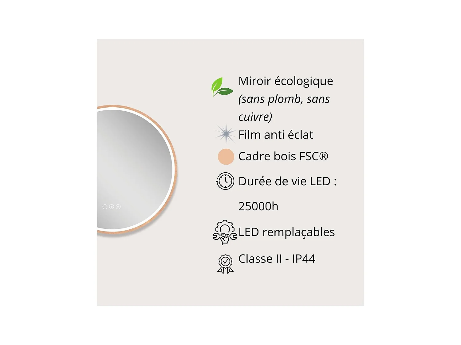 Runder LED-Spiegel D60cm mit Holzrahmen GLIMMA