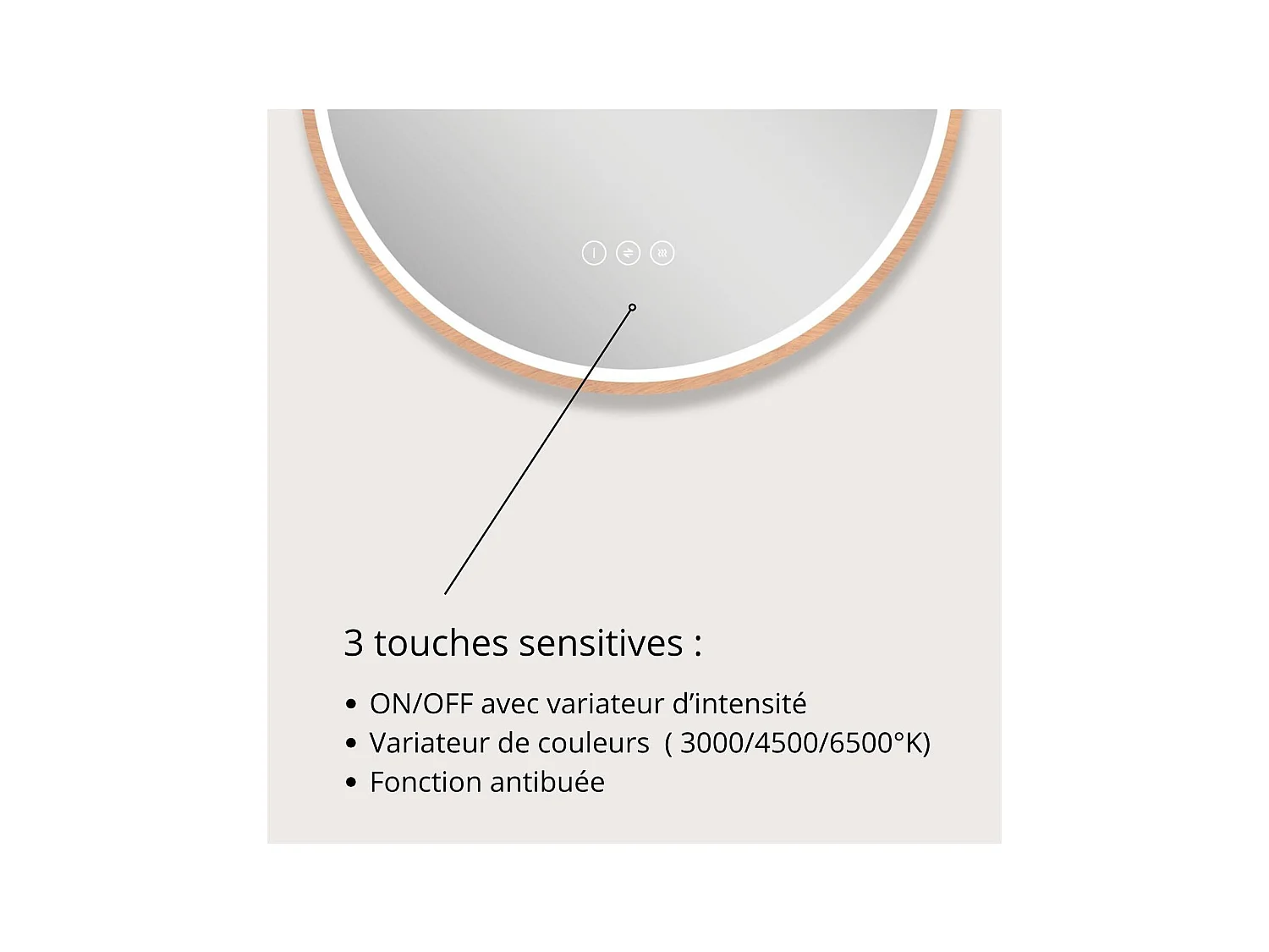 Runder LED-Spiegel D60cm mit Holzrahmen GLIMMA