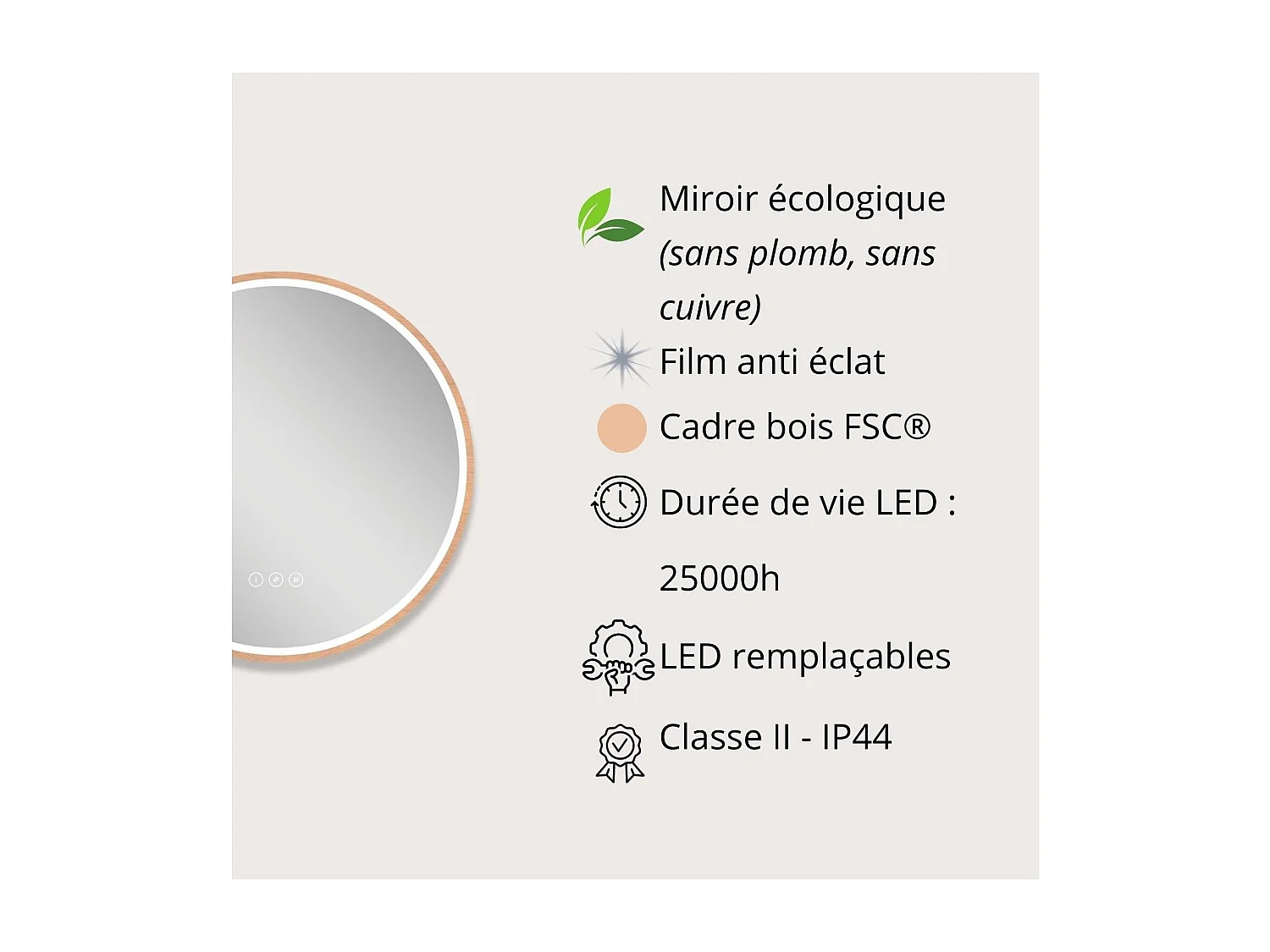 Ronde LED-spiegel D60cm met houten lijst GLIMMA