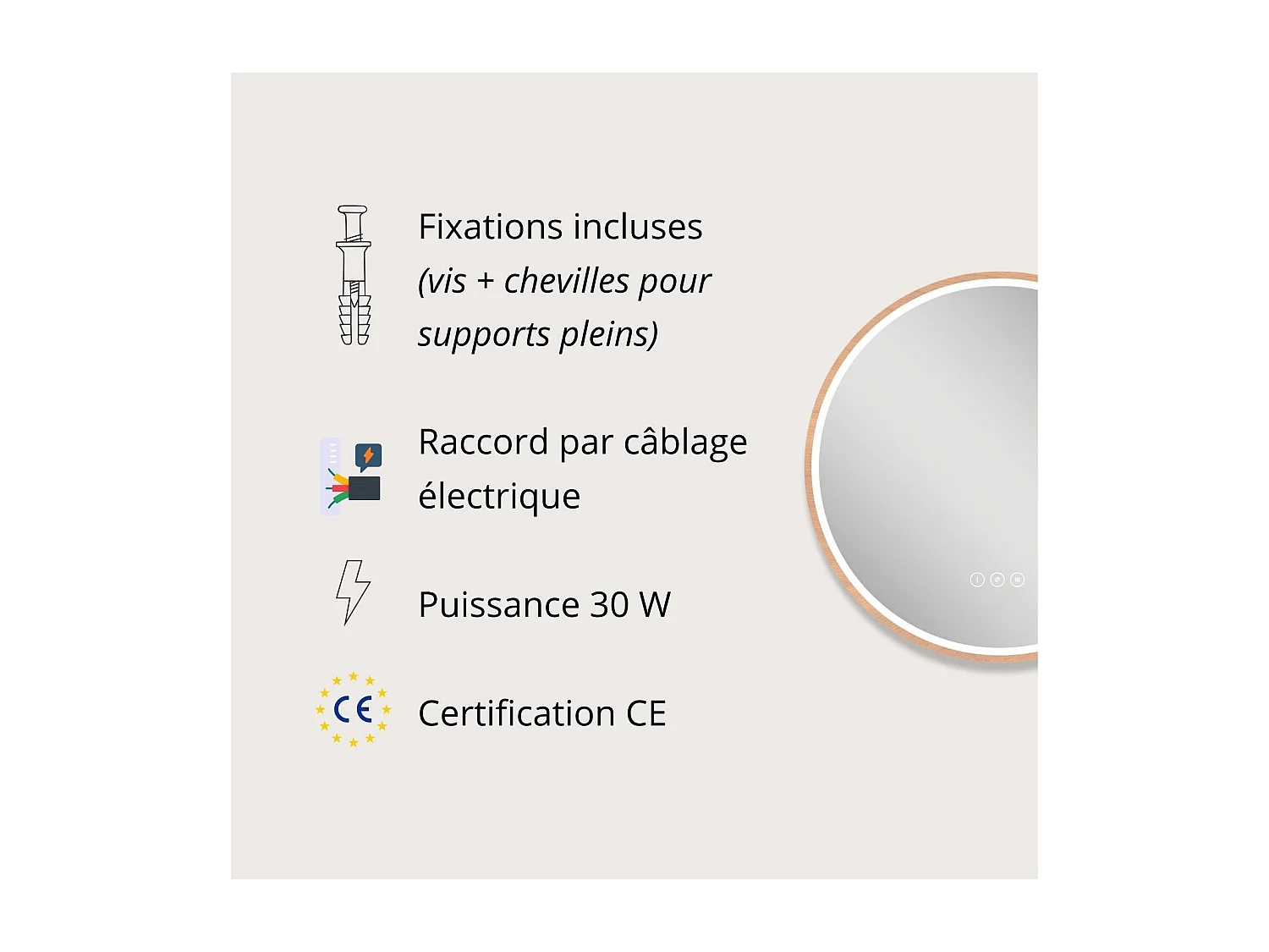 Specchio rotondo LED D60cm con cornice in legno GLIMMA