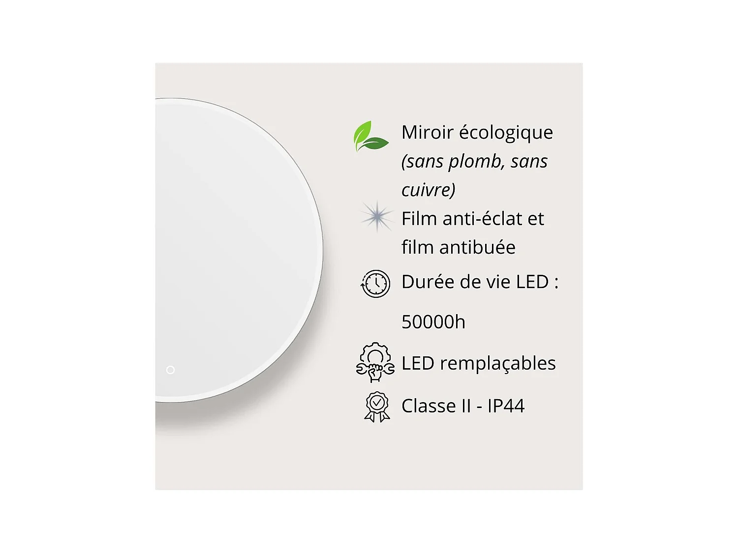 Miroir LED rond D60/70/80cm avec cadre rétro-éclairé