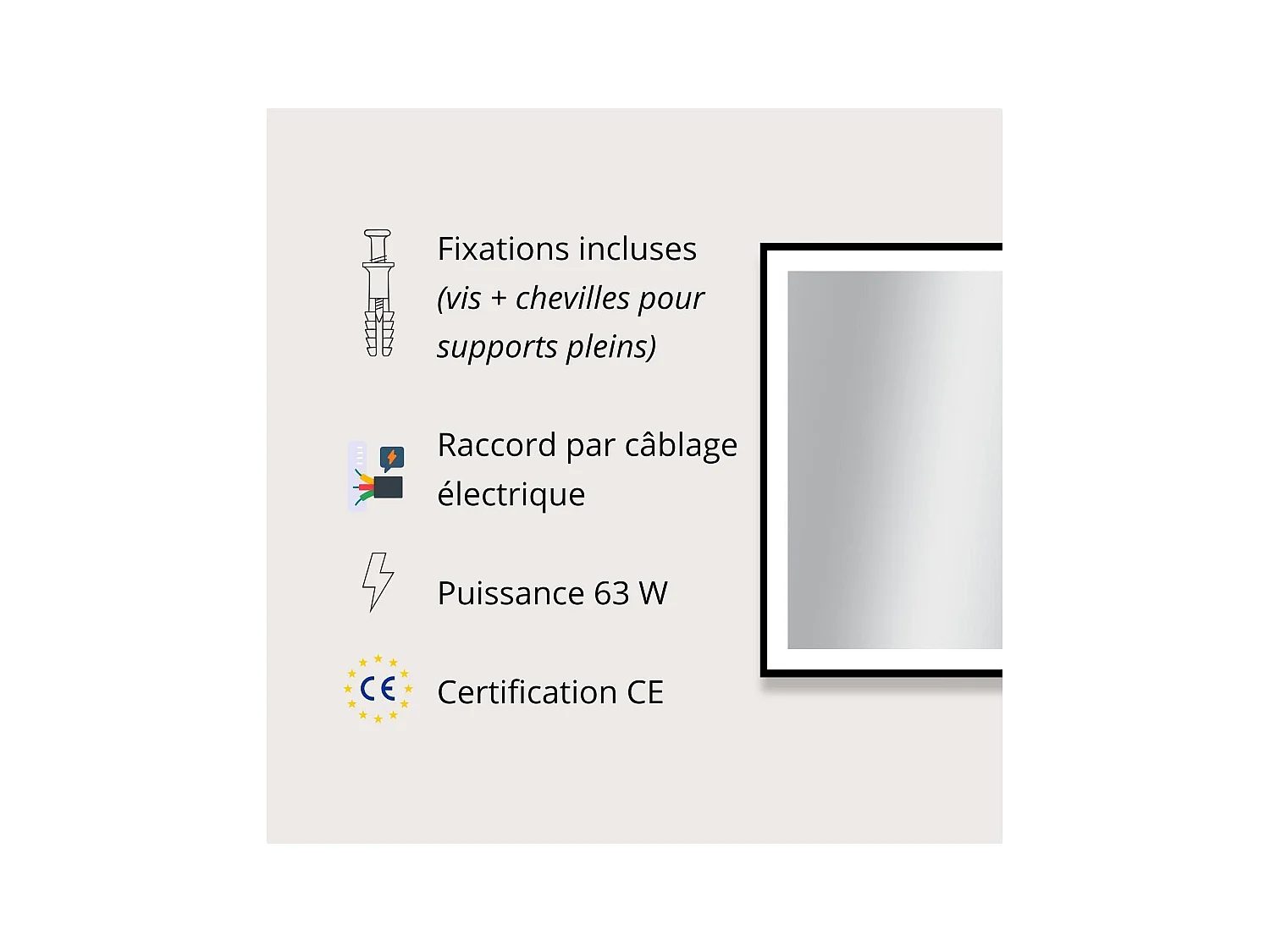 Rechteckiger LED-Spiegel L60/80/120cm mit schwarzem Aluminiumrahmen VELUNA