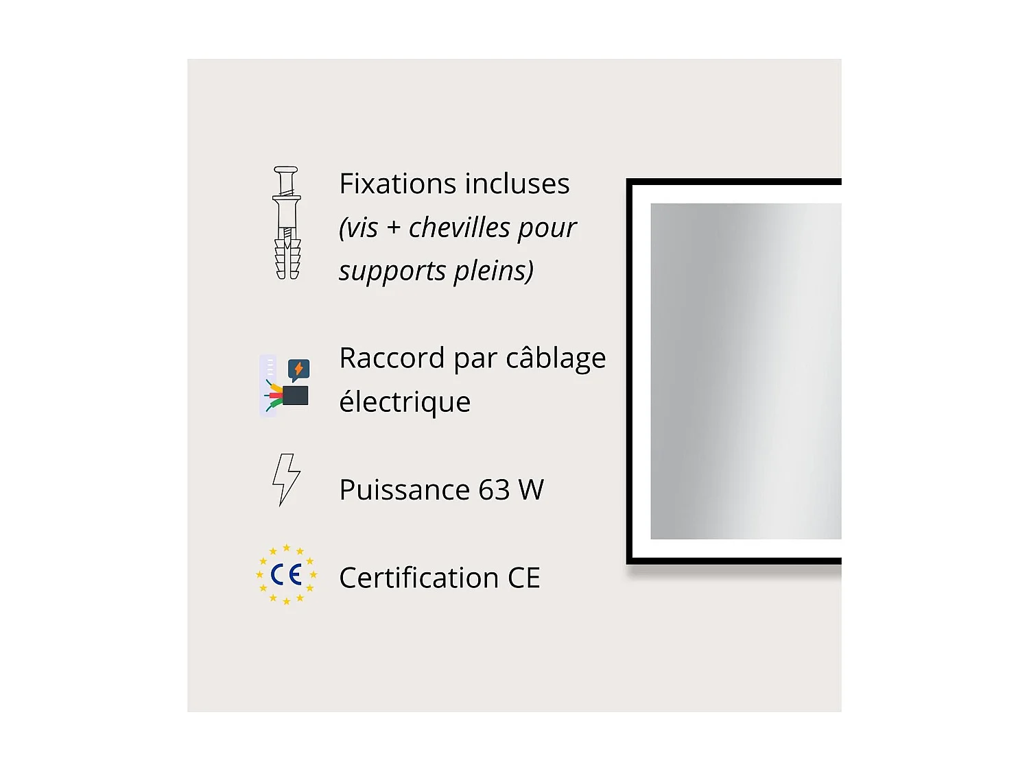 Rechthoekige LED-spiegel L60/80/120cm met zwart aluminium frame VELUNA