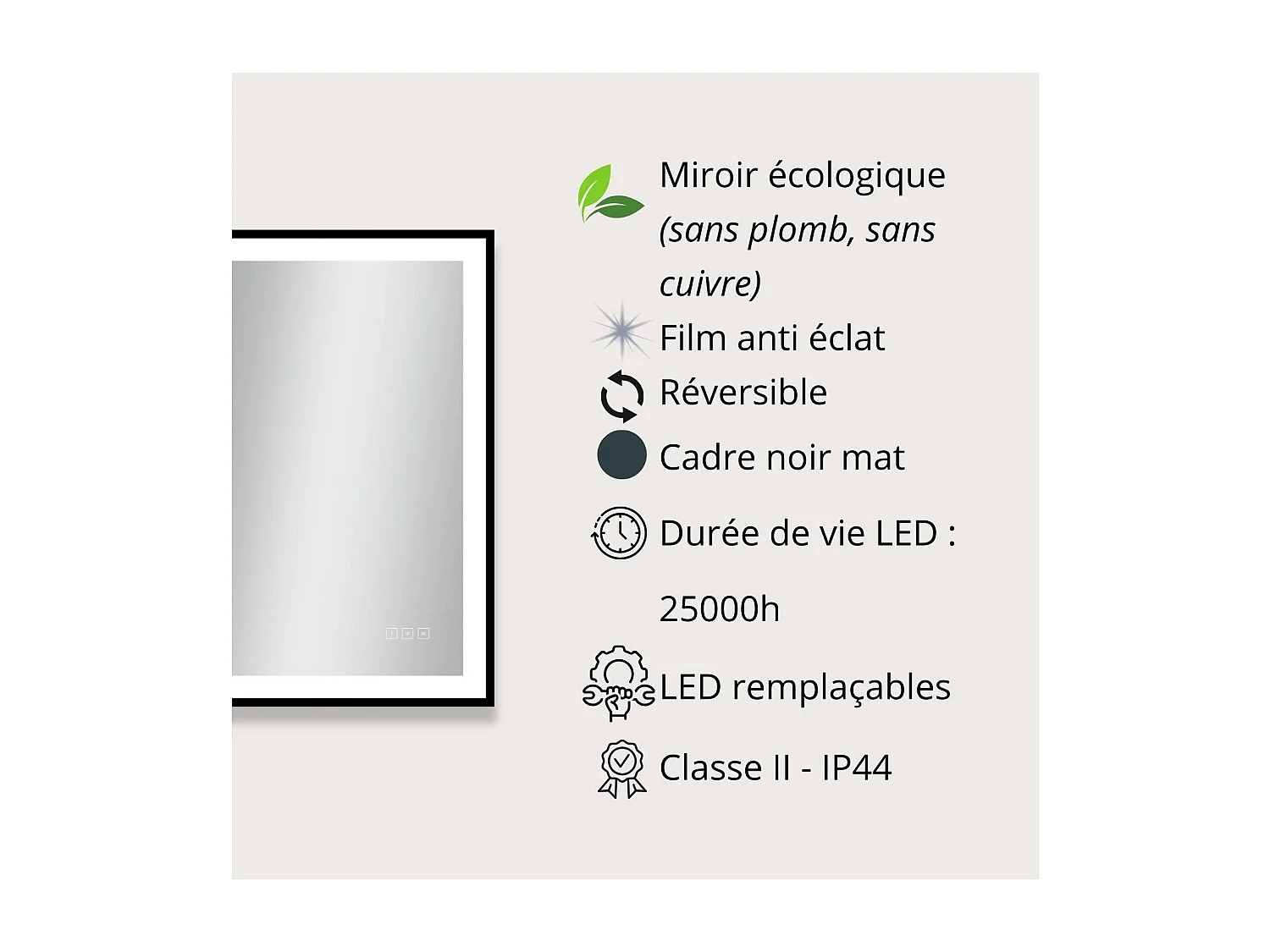 Rechthoekige LED-spiegel L60/80/120cm met zwart aluminium frame VELUNA