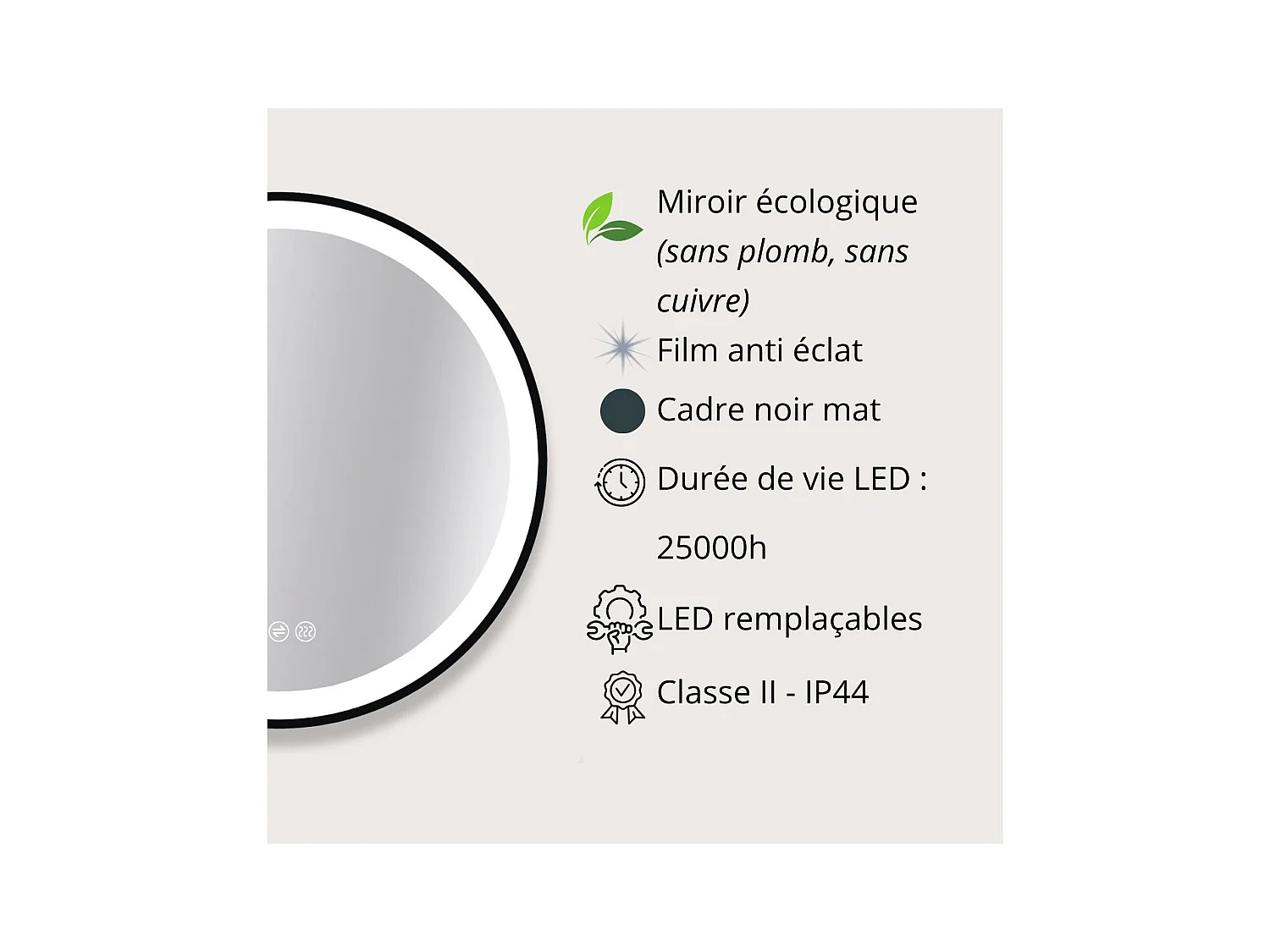 Runder LED-Spiegel D60/120cm mit schwarzem Aluminiumrahmen AUREYA