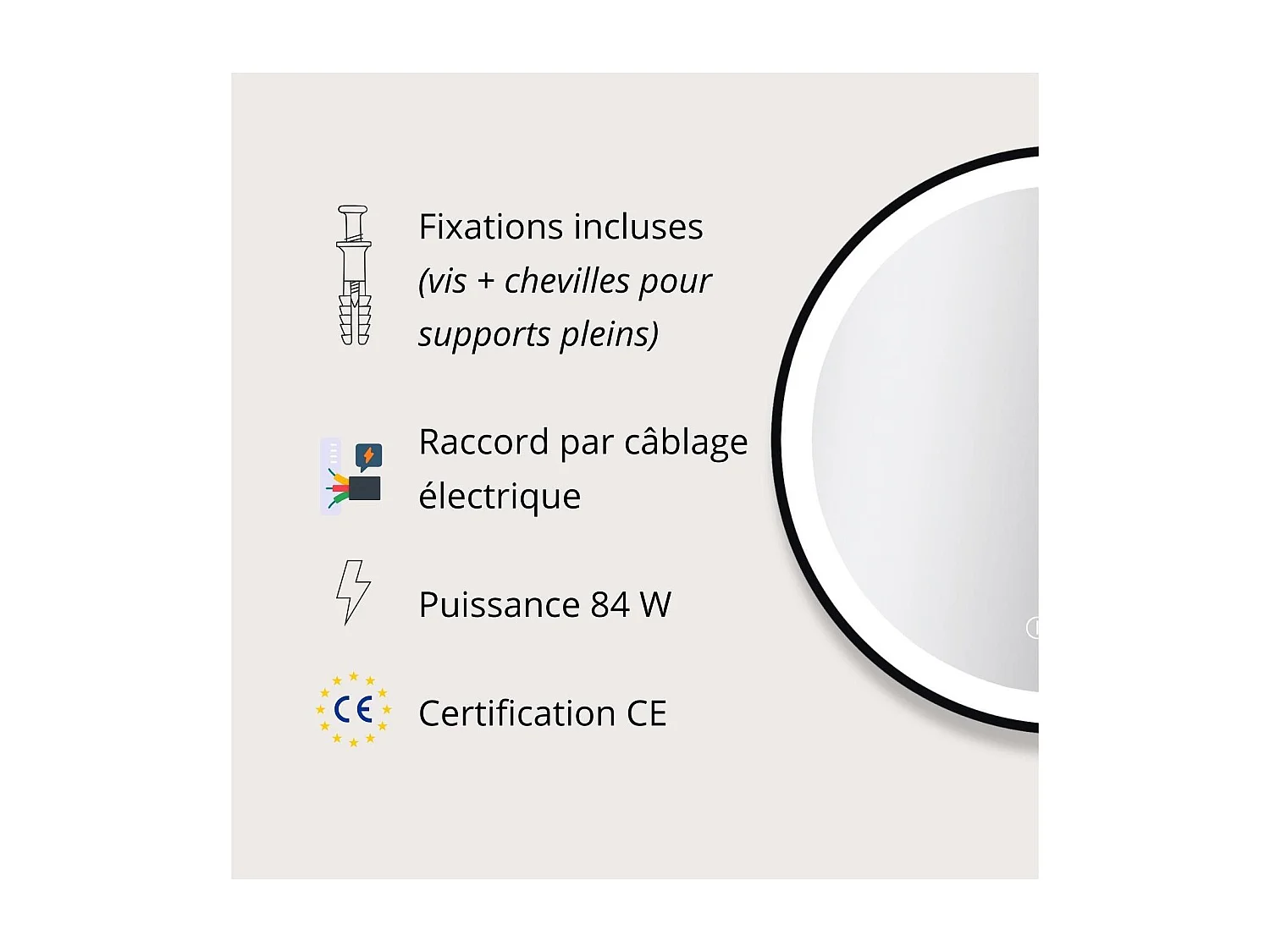 Ronde LED-spiegel D60/120cm met zwart aluminium frame AUREYA