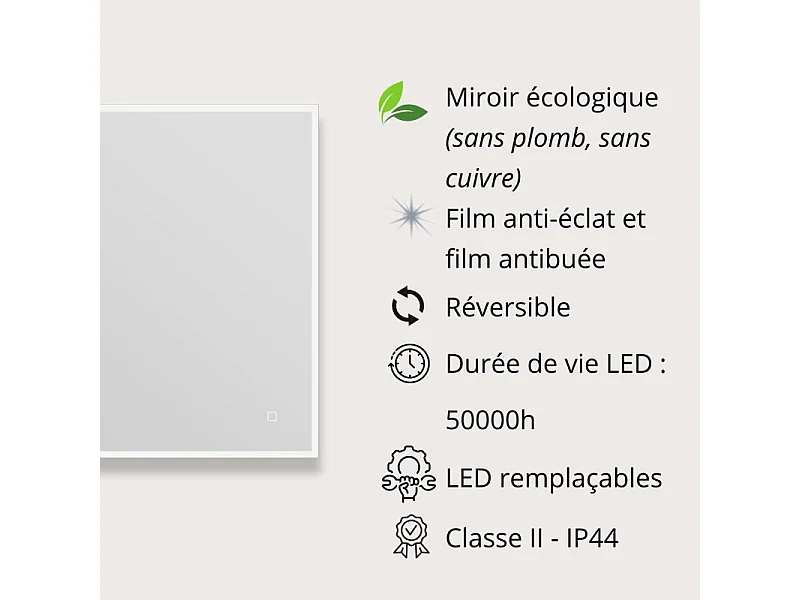 Espelho LED retangular L60/80cm de vidro prateado ECLIPS