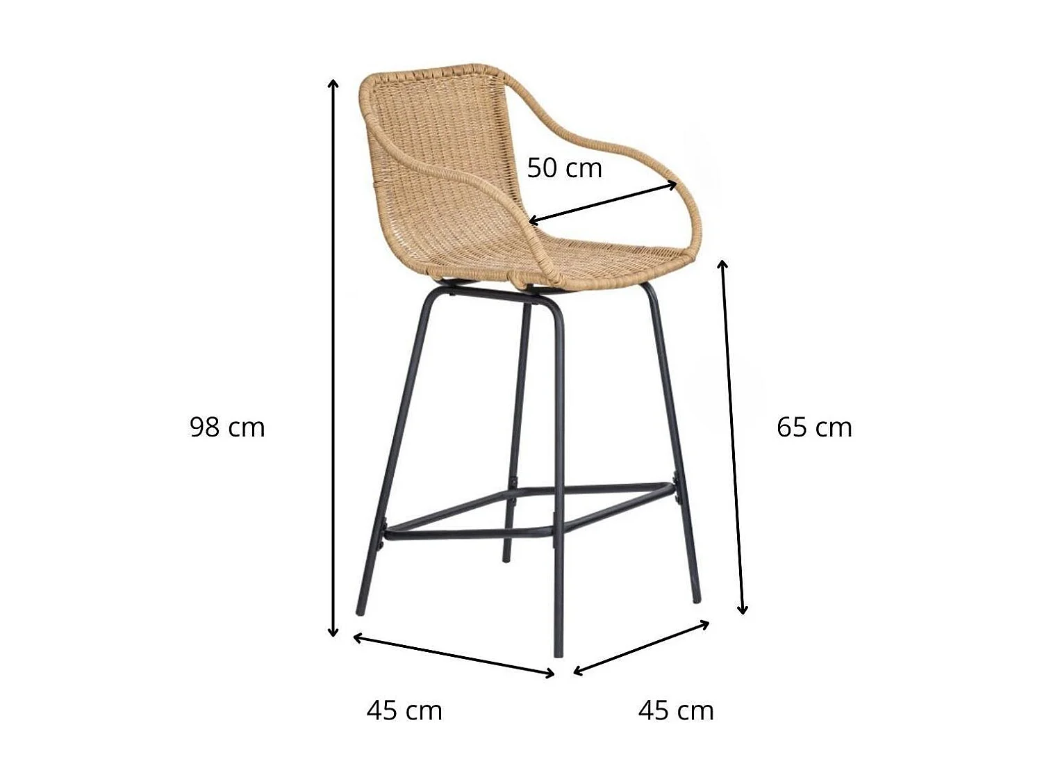 Set metalen eiland- en barstoelen met rotan zitting 65cm MOOREA