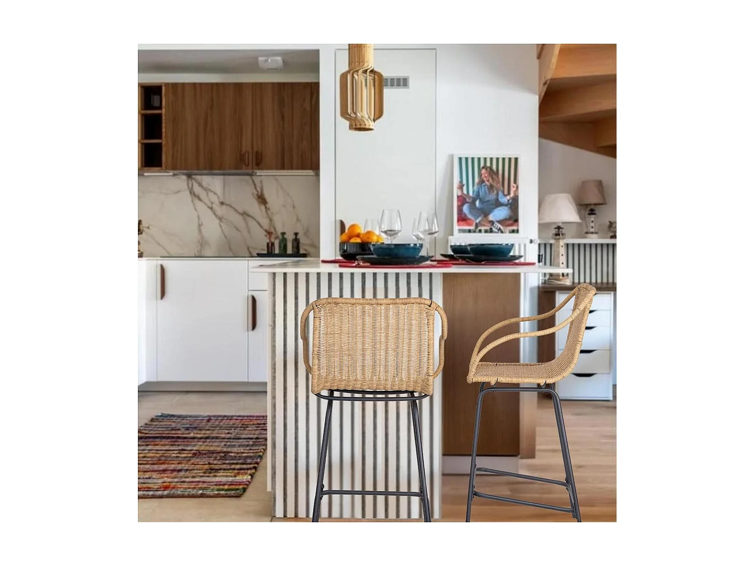 Set metalen eiland- en barstoelen met rotan zitting 65cm MOOREA