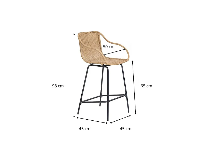 Lot de chaises d'ilot et bar MOOREA en métal et assise en rotin 65cm