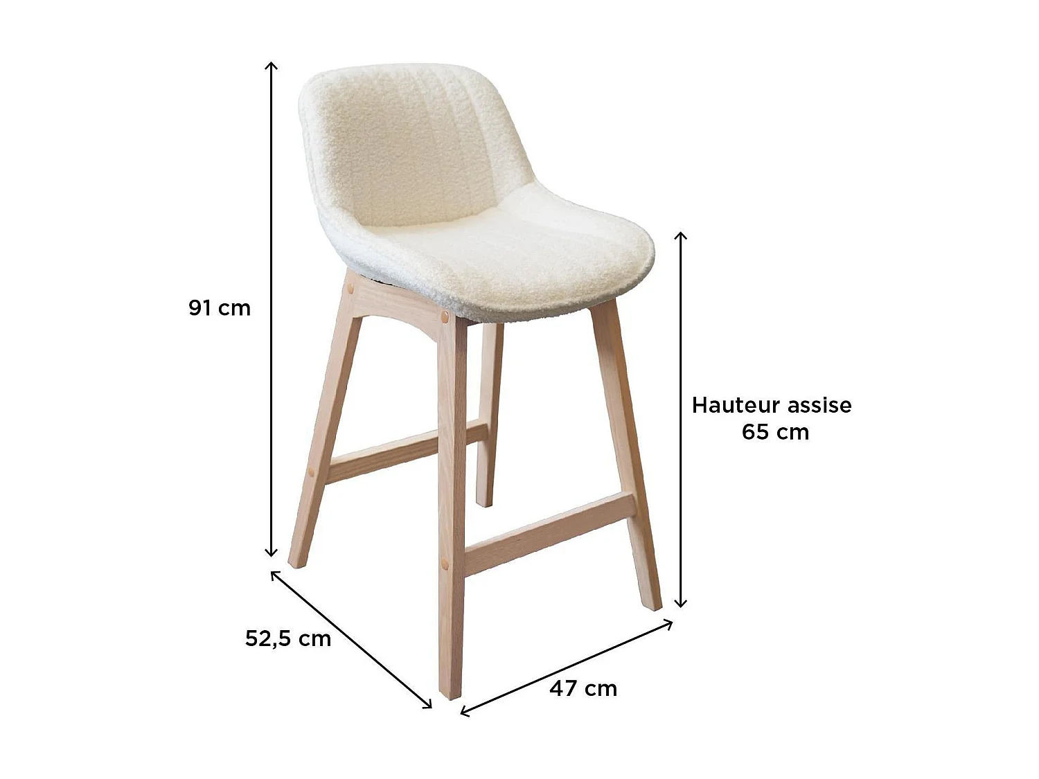 Set di sedie da bar e da isola in rovere con seduta in tessuto spugna MILK da 65 cm