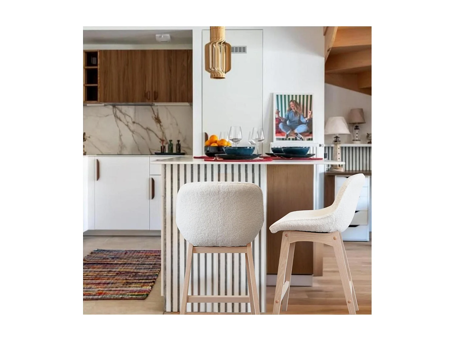 Set di sedie da bar e da isola in rovere con seduta in tessuto spugna MILK da 65 cm