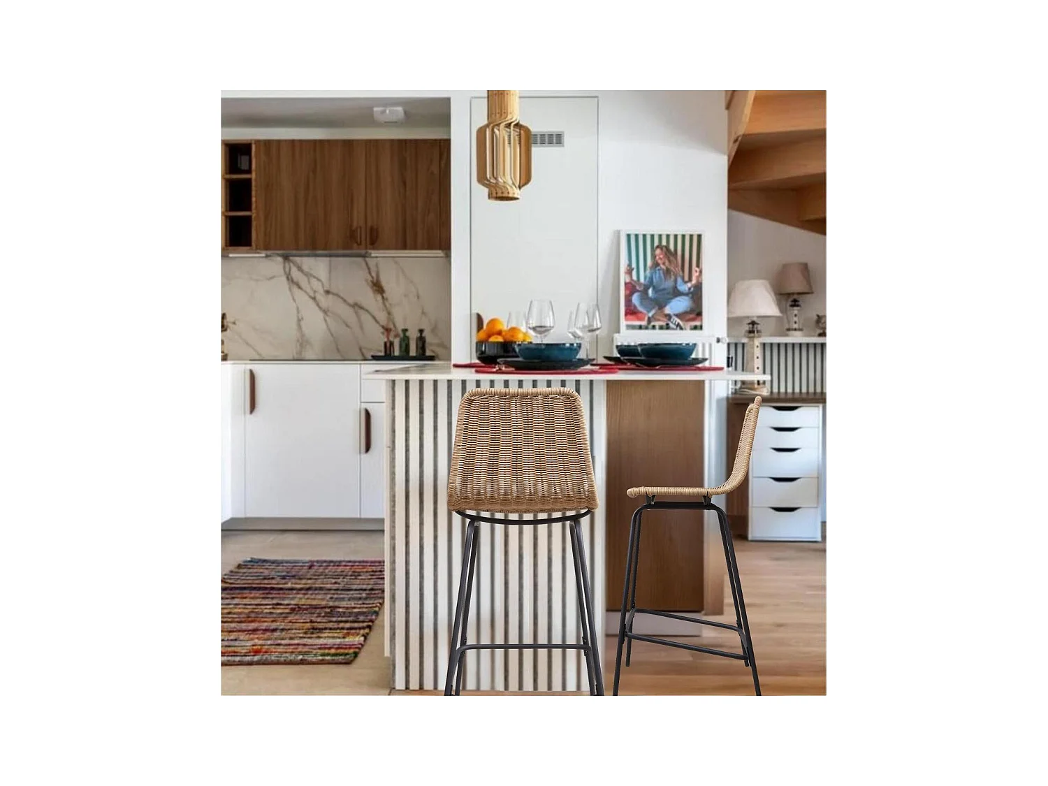 Set di sgabelli da bar e da isola in metallo con seduta in rattan 65 cm KUTA