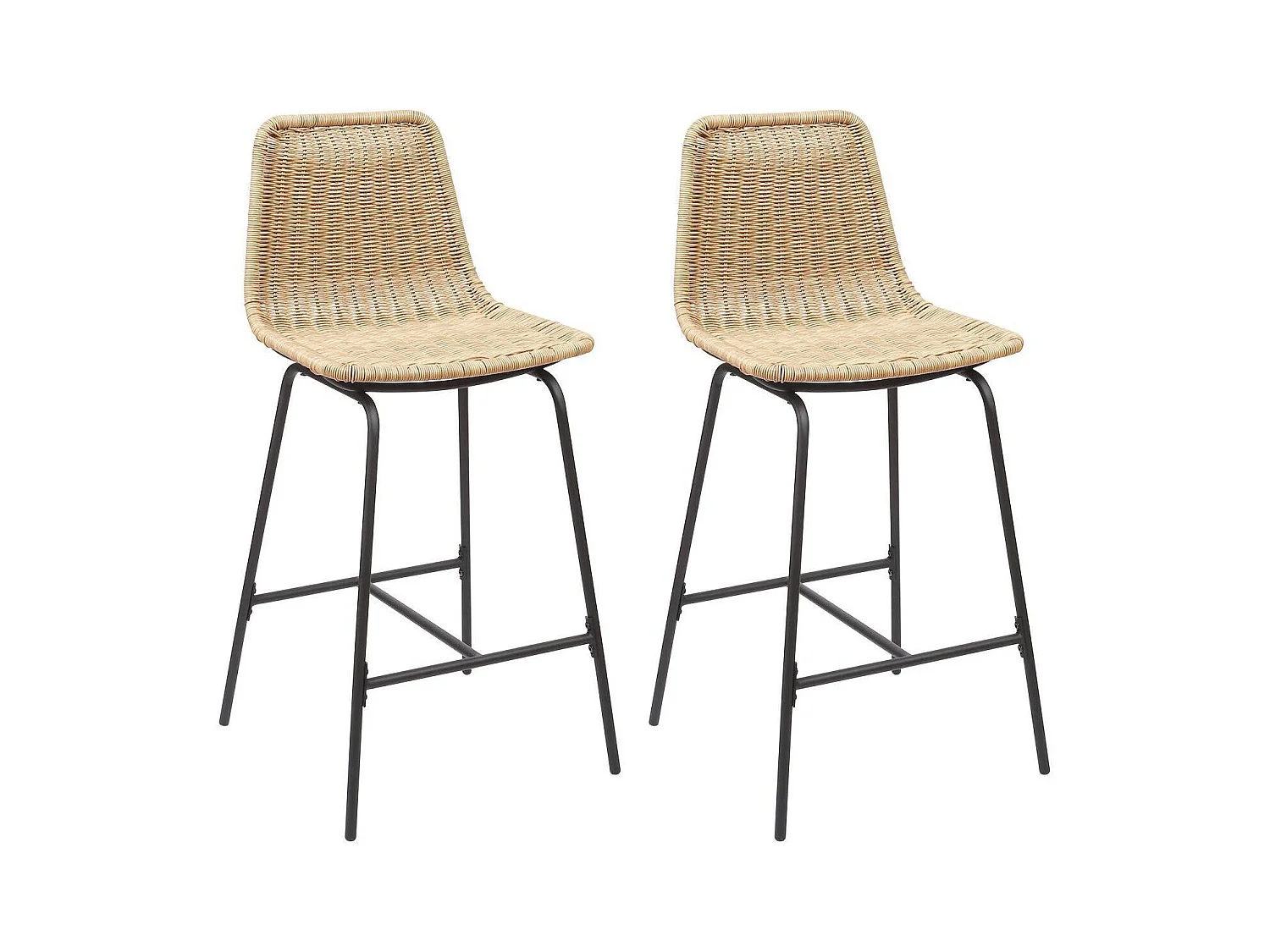 Lot de tabourets de bar et d'ilot en métal avec assise en rotin H65cm