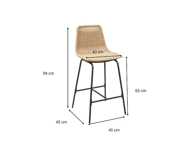 Zestaw metalowych krzeseł barowych i wyspowych z siedziskiem rattanowym 65 cm KUTA