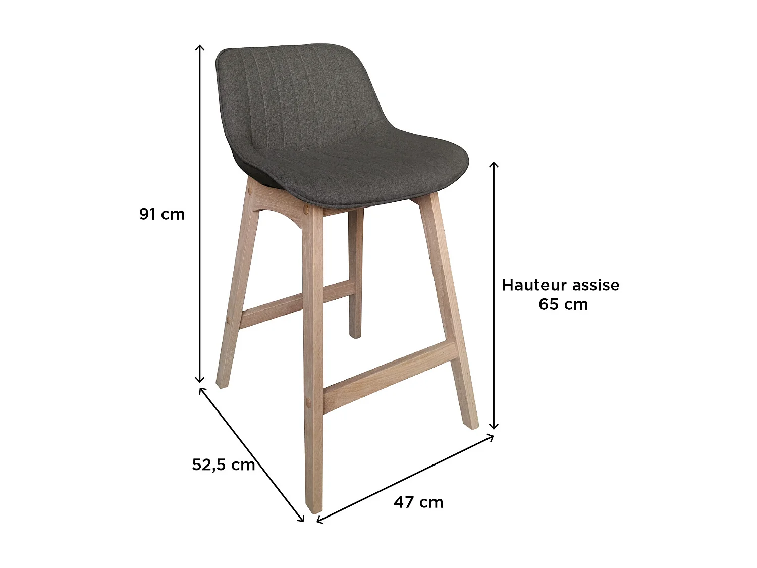 Set van eikenhouten eiland- en barstoelen met een 65 cm MELLOW stoffen zitting