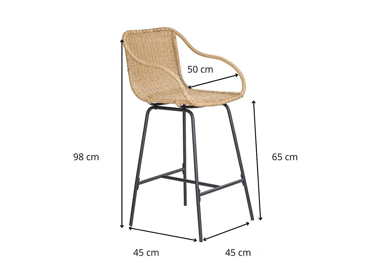 Set metalen bar- en eilandstoelen met rotan zitting 65cm MOOREA