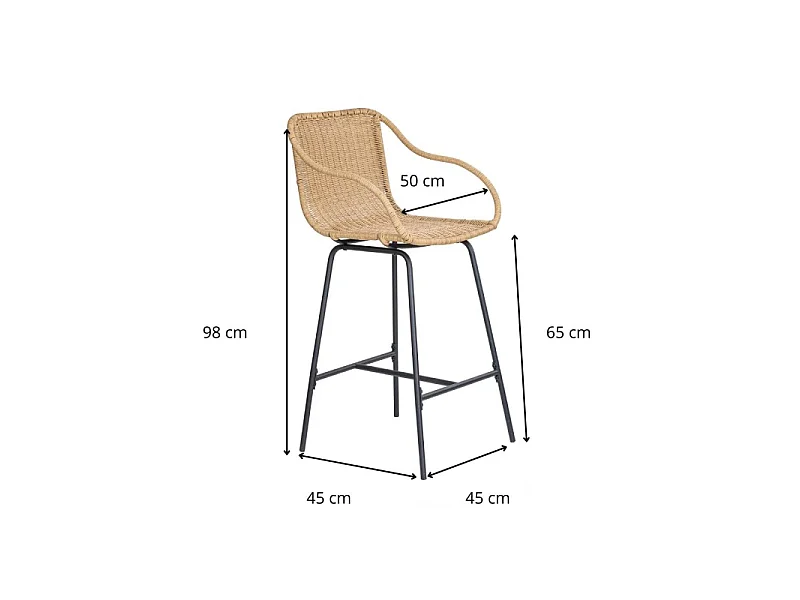 Conjunto de cadeiras de bar e ilha de metal com assento de vime 65cm MOOREA