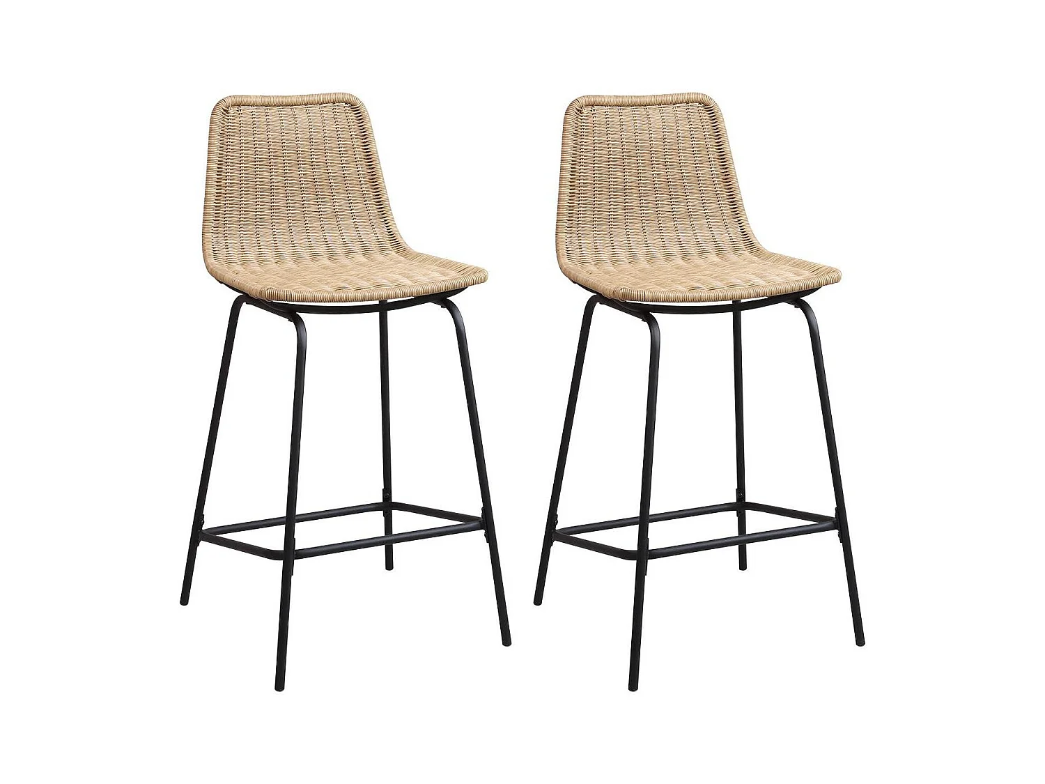 Conjunto taburetes de bar BALI de metal de 65 cm con asiento de ratán