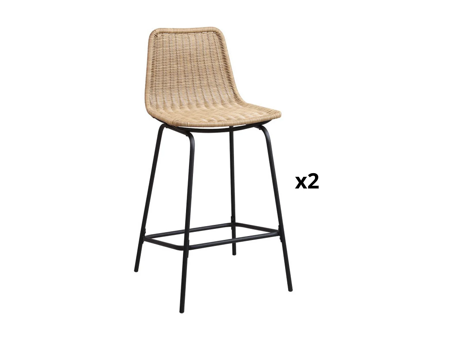 Conjunto taburetes de bar BALI de metal de 65 cm con asiento de ratán