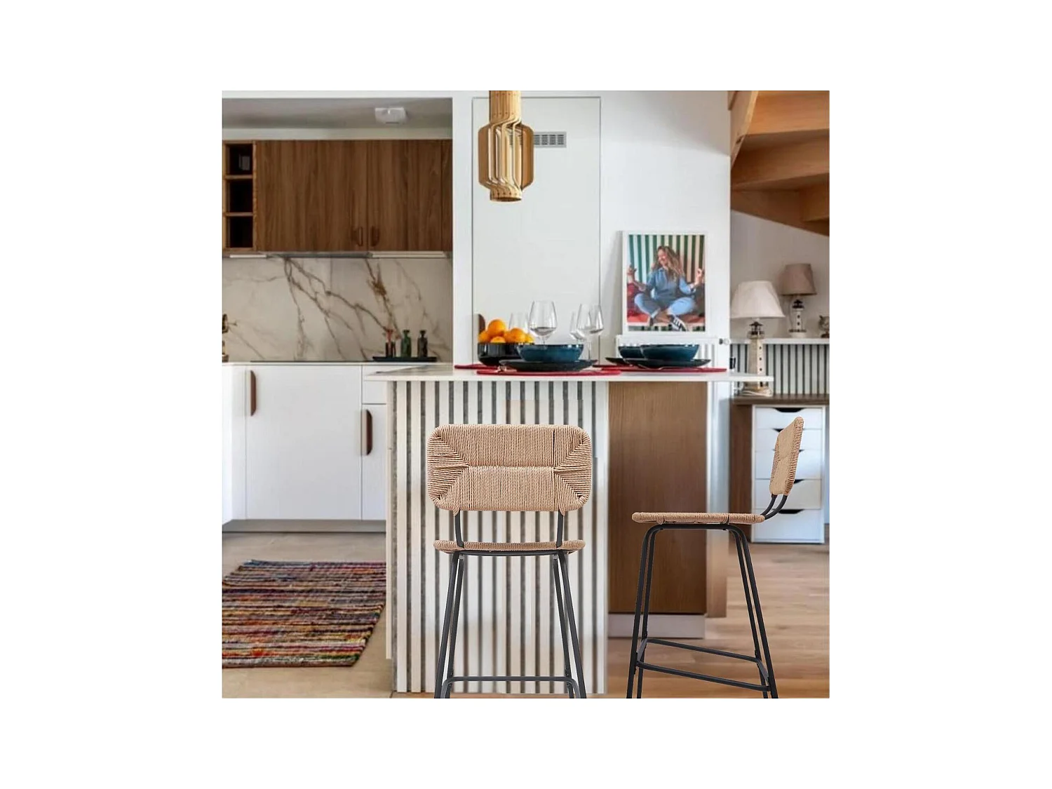 Barhocker-Set aus Metall und Inselhocker mit Rattansitz 65cm TIDRA