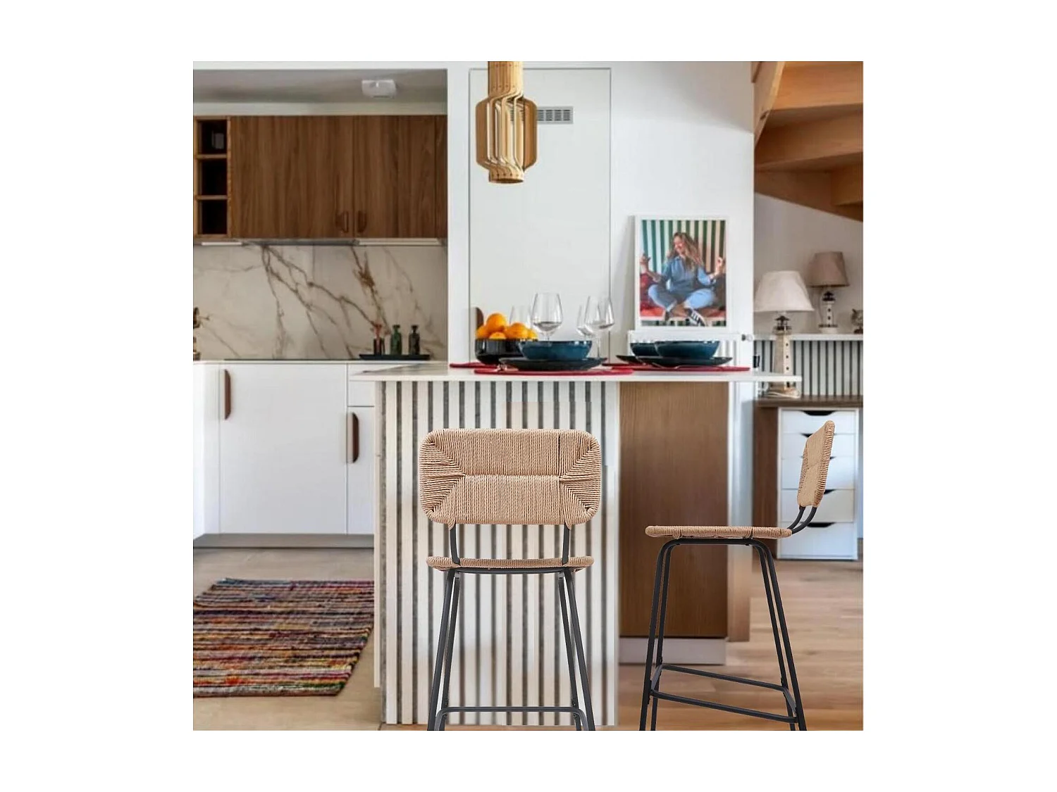 Set metalen bar- en eilandkrukken met rotan zitting 65cm TIDRA