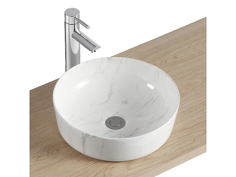 DIANE 37 cm rundes Aufsatzwaschbecken aus Keramik mit weißem Marmoreffekt