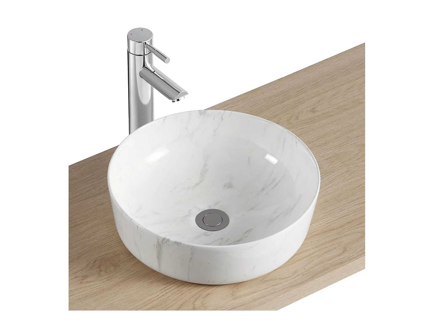 Lavabo sobre encimera redondo DIANE de cerámica de 37 cm con efecto mármol blanco