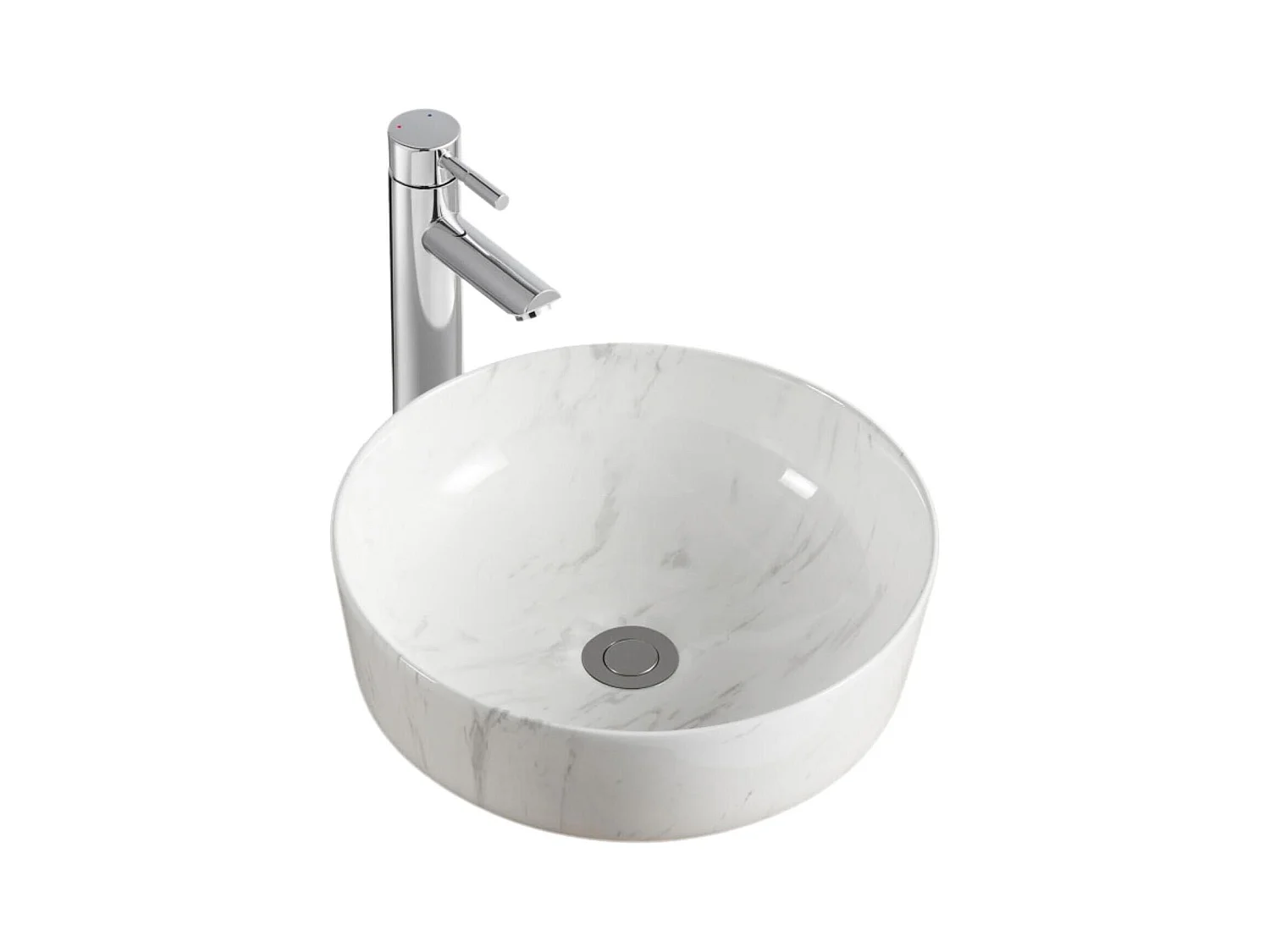 Lavabo sobre encimera redondo DIANE de cerámica de 37 cm con efecto mármol blanco