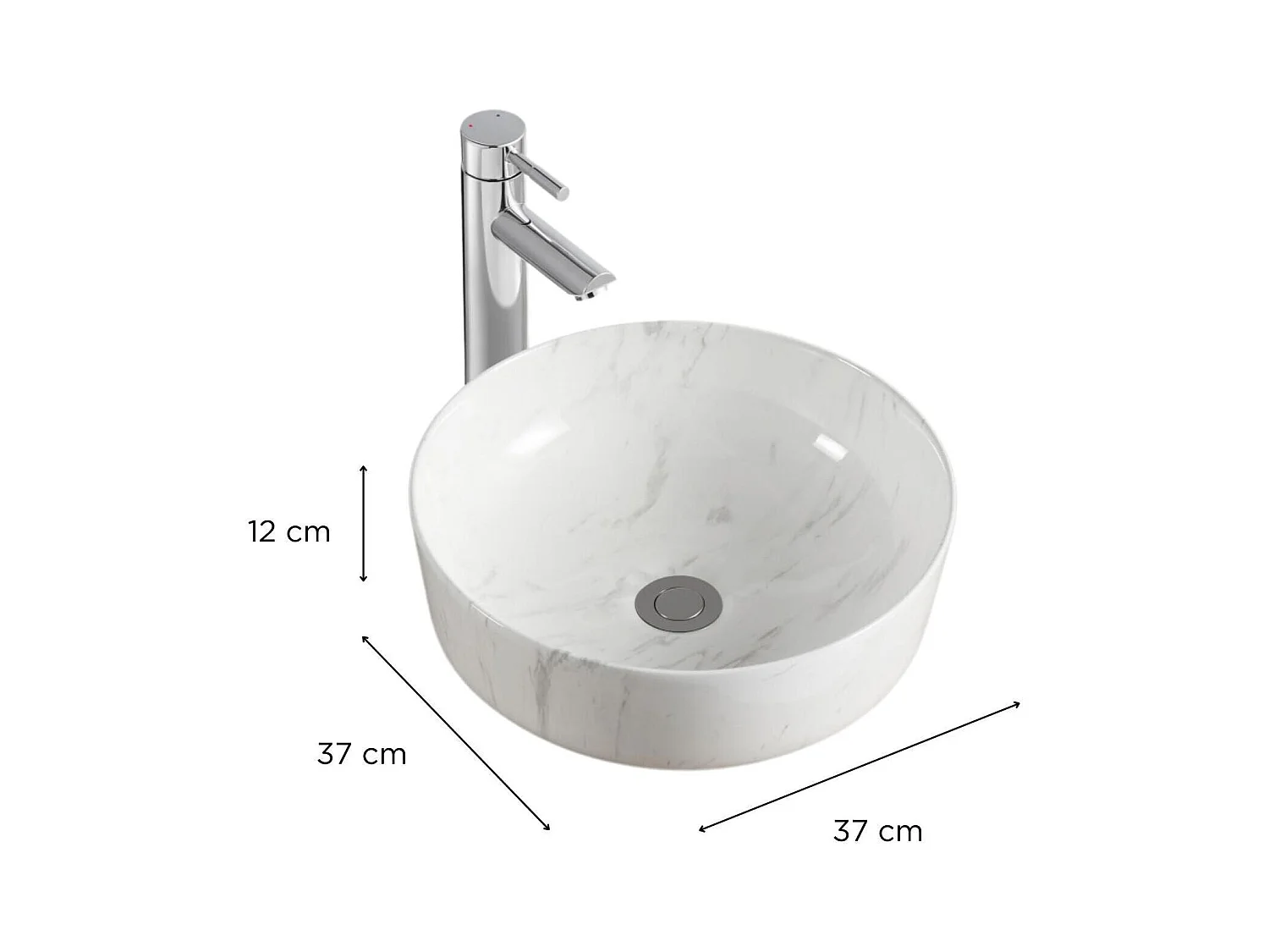 Lavabo sobre encimera redondo DIANE de cerámica de 37 cm con efecto mármol blanco