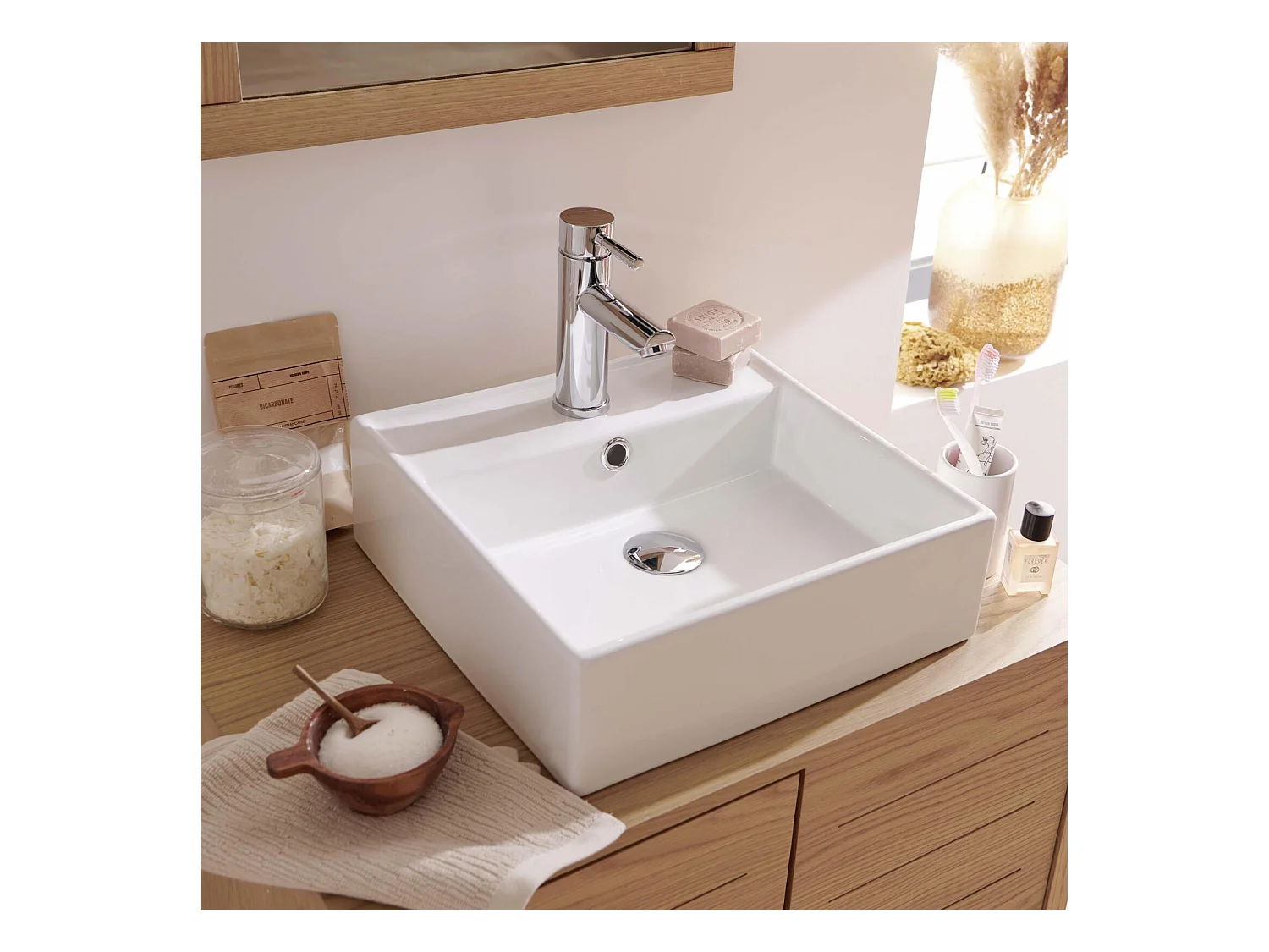 NINO 38 cm quadratisches Aufsatzwaschbecken aus weißer Keramik
