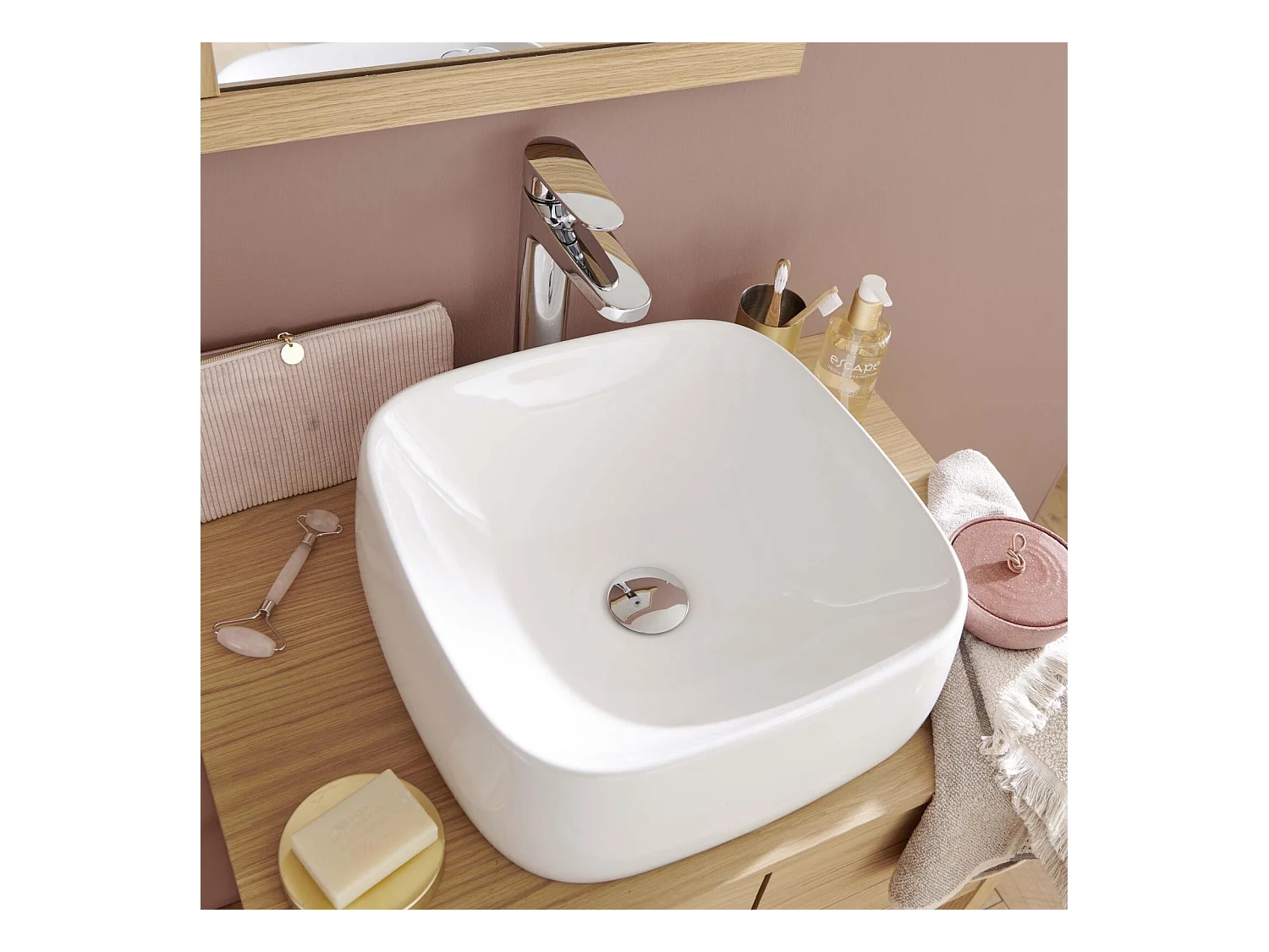 Lavabo sobre encimera cuadrado de cerámica blanca INU de 39 cm